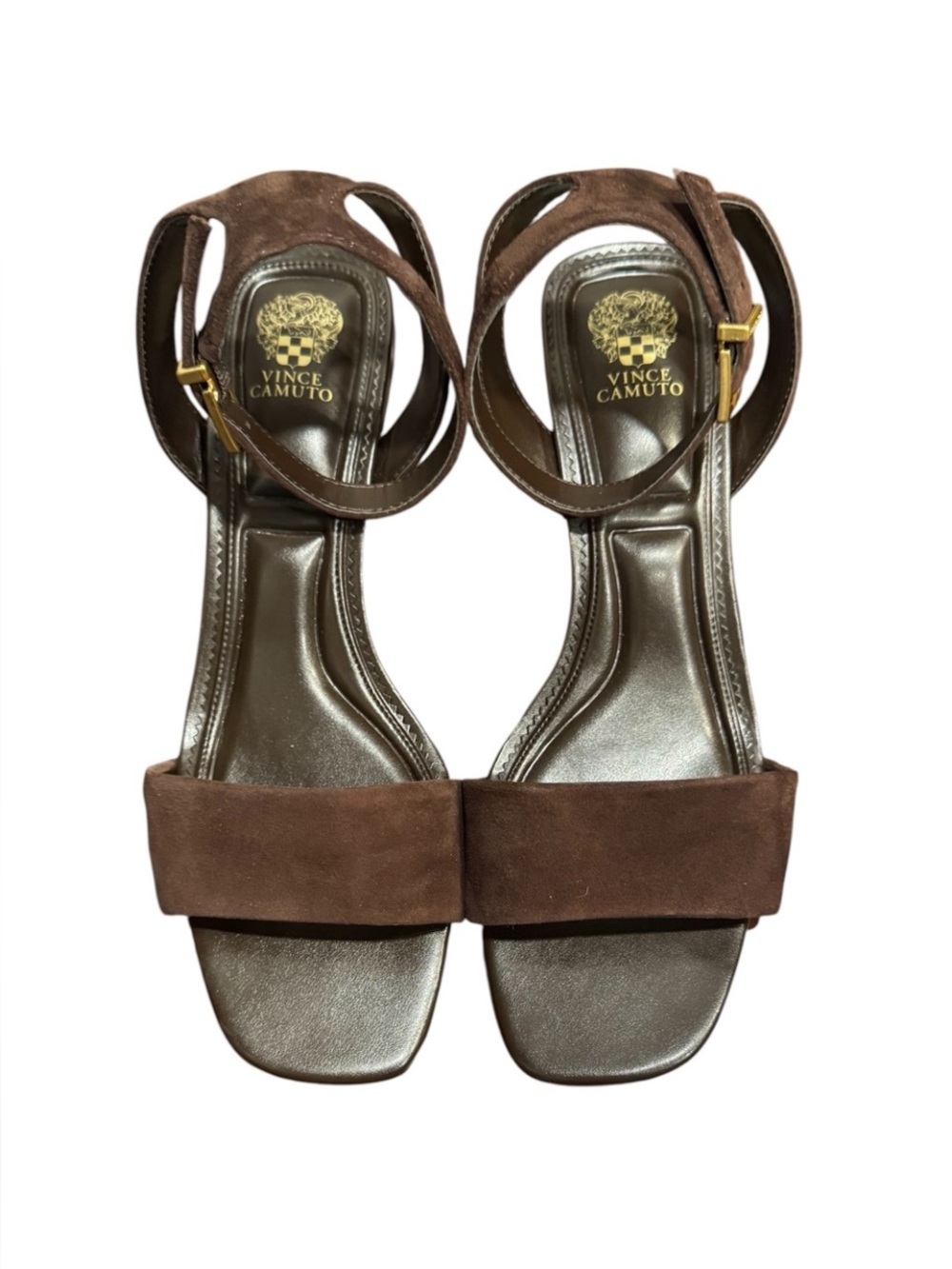 VINCE CAMUTO Acaylee Sandals Dark Brown Suede Gold Accent Block Heel 9.5